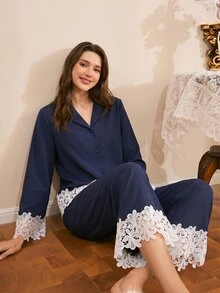 Côtesoire 南法成熟優雅泡泡皺褶前開襟女款睡衣套裝 - 藍色 - 查看 4