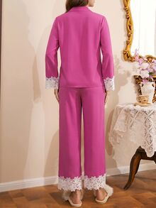 Côtesoire Southern French Mature Elegant Bubble Crinkle Open Front Women's Pajama Set - Hot Pink - View 2