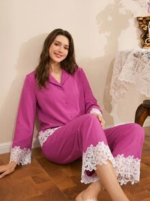 Côtesoire Southern French Mature Elegant Bubble Crinkle Open Front Women's Pajama Set - Hot Pink - View 3