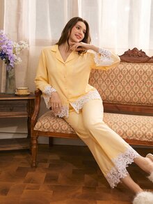 Côtesoire 南法成熟優雅泡泡皺褶前開襟女款睡衣套裝 - 芥末黃 - 查看 5