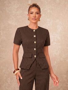 Lumalex Striped Short Sleeve Cinched Waist Round Neck Metal Button High Waist Straight Leg Long Pants Women's 2 Pieces Set - Brown - View 9