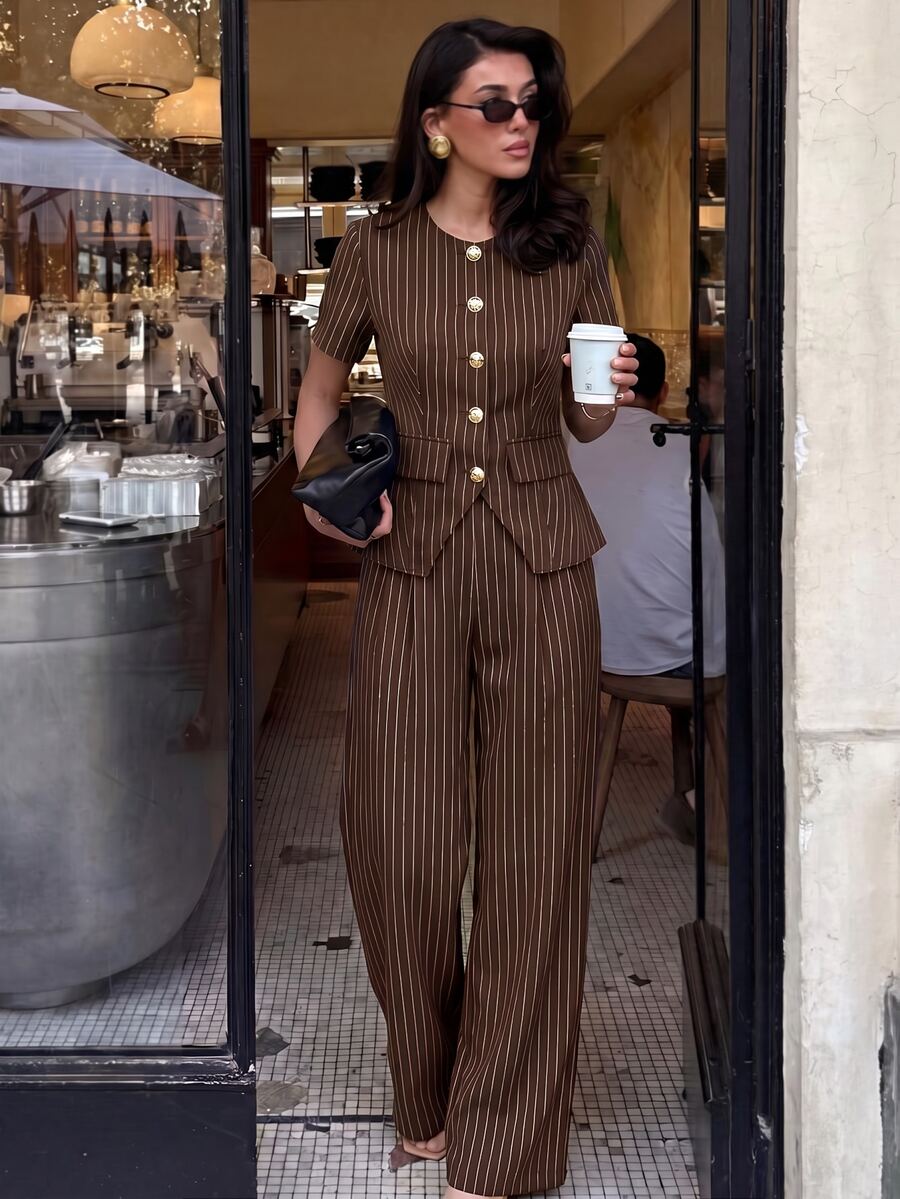 Lumalex Striped Short Sleeve Cinched Waist Round Neck Metal Button High Waist Straight Leg Long Pants Women's 2 Pieces Set - Brown - View 1