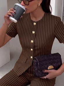 Lumalex Striped Short Sleeve Cinched Waist Round Neck Metal Button High Waist Straight Leg Long Pants Women's 2 Pieces Set - Brown - View 5