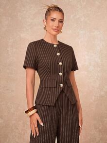Lumalex Striped Short Sleeve Cinched Waist Round Neck Metal Button High Waist Straight Leg Long Pants Women's 2 Pieces Set - Brown - View 11