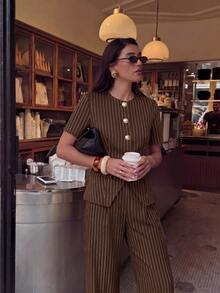 Lumalex Striped Short Sleeve Cinched Waist Round Neck Metal Button High Waist Straight Leg Long Pants Women's 2 Pieces Set - Brown - View 3