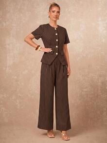 Lumalex Striped Short Sleeve Cinched Waist Round Neck Metal Button High Waist Straight Leg Long Pants Women's 2 Pieces Set - Brown - View 10