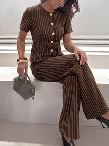 Lumalex Striped Short Sleeve Cinched Waist Round Neck Metal Button High Waist Straight Leg Long Pants Women's 2 Pieces Set - Brown - View 6