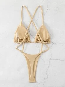 Swim SXY 女士實色單片泳衣，大露背、交叉背帶和中空設計，適用於度假 - 杏色 - 查看 2
