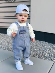 Baby Boy Cute Blue Denim Bib Pants - Light Wash - View 1