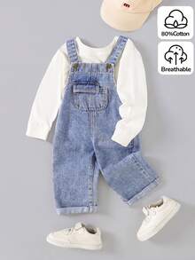 Baby Boy Cute Blue Denim Bib Pants - Light Wash - View 3