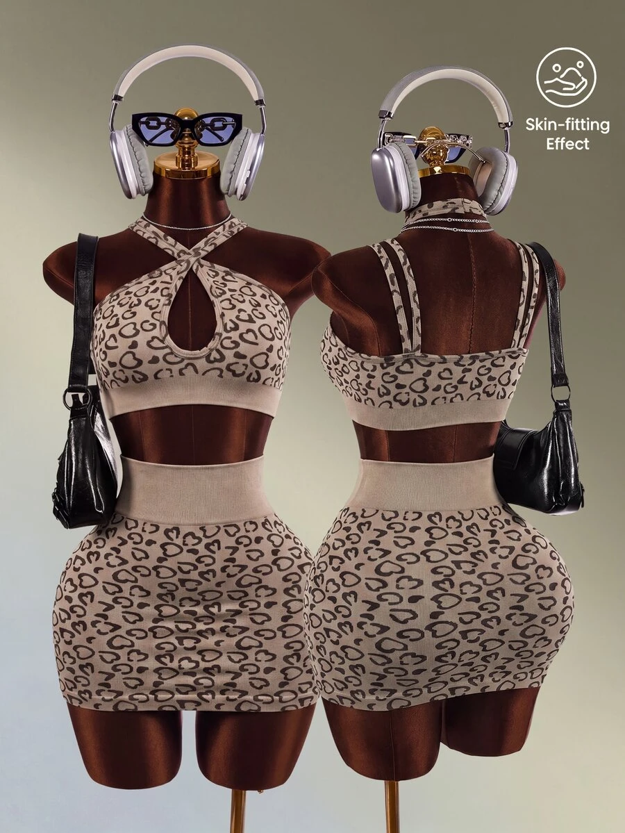 Mistrie Women's Heart Print Criss-Cross Halter Tank Top And Skirt Sports Set - Coffee Brown - View 1
