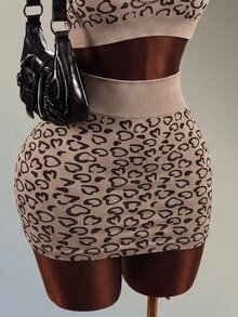 Mistrie Women's Heart Print Criss-Cross Halter Tank Top And Skirt Sports Set - Coffee Brown - View 4