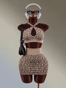 Mistrie Women's Heart Print Criss-Cross Halter Tank Top And Skirt Sports Set - Coffee Brown - View 8