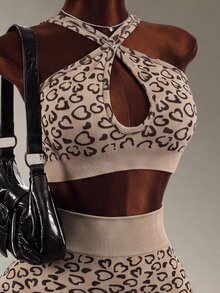 Mistrie Women's Heart Print Criss-Cross Halter Tank Top And Skirt Sports Set - Coffee Brown - View 3