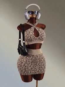 Mistrie Women's Heart Print Criss-Cross Halter Tank Top And Skirt Sports Set - Coffee Brown - View 5