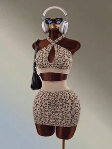 Mistrie Women's Heart Print Criss-Cross Halter Tank Top And Skirt Sports Set - Coffee Brown - View 6