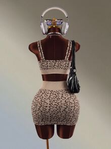 Mistrie Women's Heart Print Criss-Cross Halter Tank Top And Skirt Sports Set - Coffee Brown - View 2