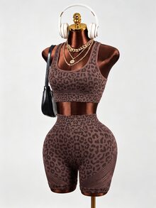 Mistrie Brown Leopard Print Mesh Yoga & Fitness Seamless Workout Set - Brown - View 15