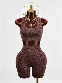 Mistrie Brown Leopard Print Mesh Yoga & Fitness Seamless Workout Set - Brown - View 13