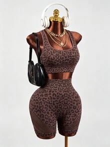Mistrie Brown Leopard Print Mesh Yoga & Fitness Seamless Workout Set - Brown - View 14