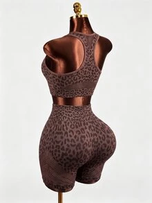 Mistrie Brown Leopard Print Mesh Yoga & Fitness Seamless Workout Set - Brown - View 16