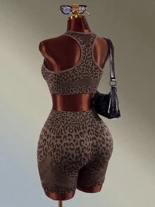Mistrie Brown Leopard Print Mesh Yoga & Fitness Seamless Workout Set - Brown - View 8