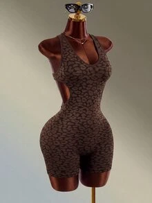 Mistrie 1pc Seamless High Elastic Leopard Print Hollow Cross-Back Sports Jumpsuit For Women, Suitable For Yoga, Fitness, Daily Wear - Black - View 6