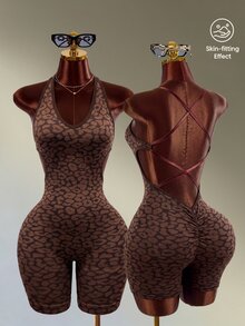 Mistrie 1pc Seamless High Elastic Leopard Print Hollow Cross-Back Sports Jumpsuit For Women, Suitable For Yoga, Fitness, Daily Wear - Black - View 1