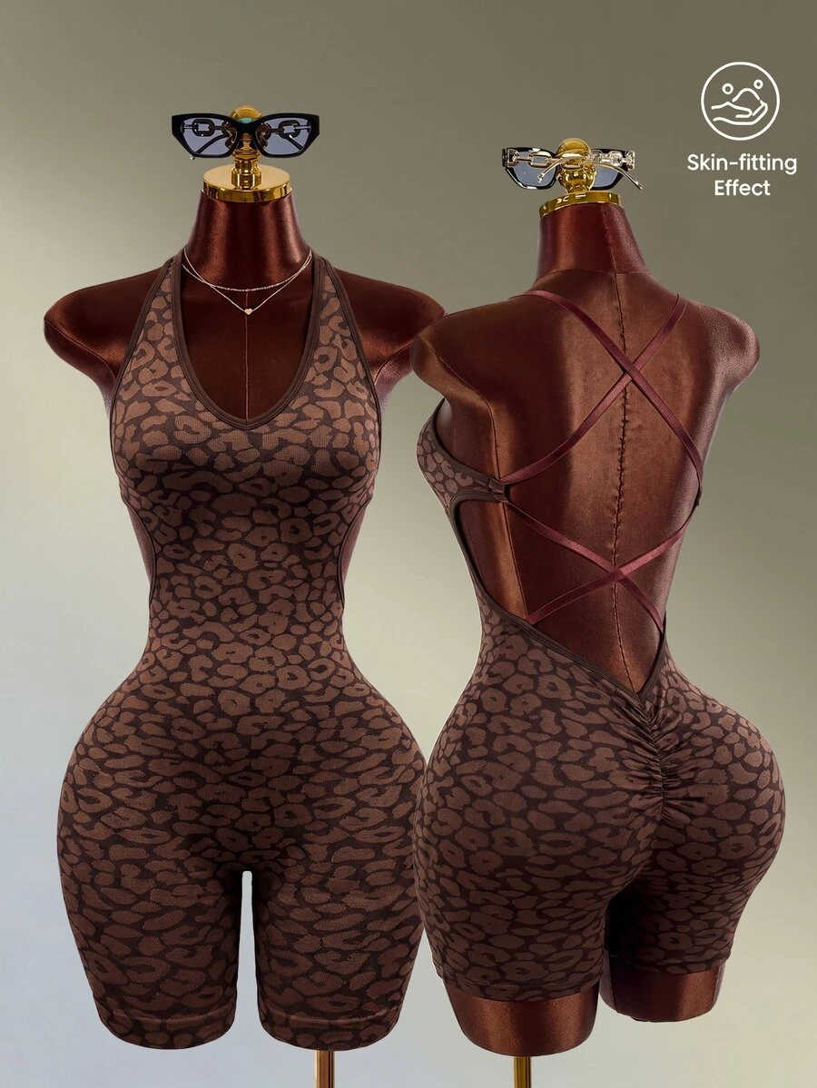 Mistrie 1pc Seamless High Elastic Leopard Print Hollow Cross-Back Sports Jumpsuit For Women, Suitable For Yoga, Fitness, Daily Wear - Black - View 1