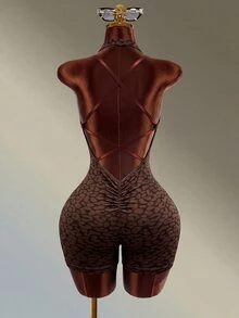 Mistrie 1pc Seamless High Elastic Leopard Print Hollow Cross-Back Sports Jumpsuit For Women, Suitable For Yoga, Fitness, Daily Wear - Black - View 2