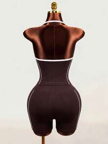 Mistrie Seamless Sports Yoga Tank Top & Shorts Set/Contrast Color Lines/Waistband Fold/Fashionable & Sexy/Comfortable - Coffee Brown - View 2