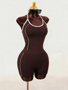 Mistrie Seamless Sports Yoga Tank Top & Shorts Set/Contrast Color Lines/Waistband Fold/Fashionable & Sexy/Comfortable - Coffee Brown - View 6