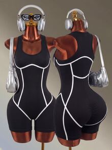 Mistrie Contrast Trim Sleeveless Fitted Athletic Romper - Black - View 10