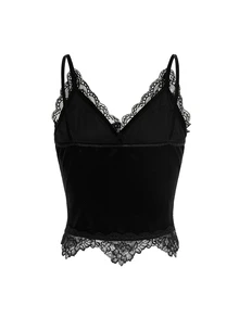 ROMWE Gothic Sexy Velvet Cropped Tank Top With Lace Trim And Metal Cross Detail For Women - Black - View 3