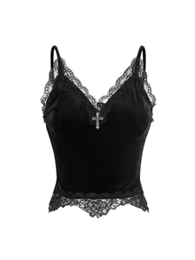 ROMWE Gothic Sexy Velvet Cropped Tank Top With Lace Trim And Metal Cross Detail For Women - Black - View 1