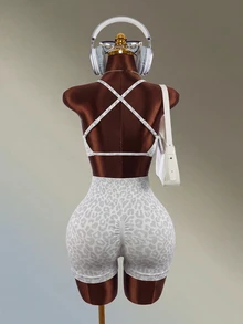 Mistrie Women's Yoga Fitness Sports Leopard Print Bra & Shorts Set - White - View 2