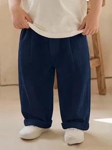SHEIN 男嬰可愛休閒百搭白色鬆緊腰休閒褲 白色正式西裝長褲 適合生日派對、晚宴、表演、婚禮、滿月、洗禮、周歲慶祝及嬰兒洗禮派對 - 藏蓝色 - 查看 2