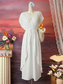 Livesso Women's Solid Color Waist Tie Batwing Sleeve Cover-Up Dress For Vacation Summer Beach Outfits - White - View 4