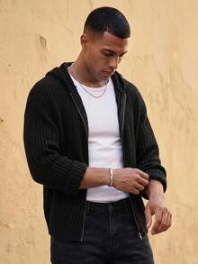 Ocevento Fashionable Versatile Solid Color Men's Hooded Cardigan - Black - View 1