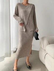 SHEIN Clasi 2 件套仿针织毛绒罗纹优雅裙子套装 - 棕色 - 查看 1