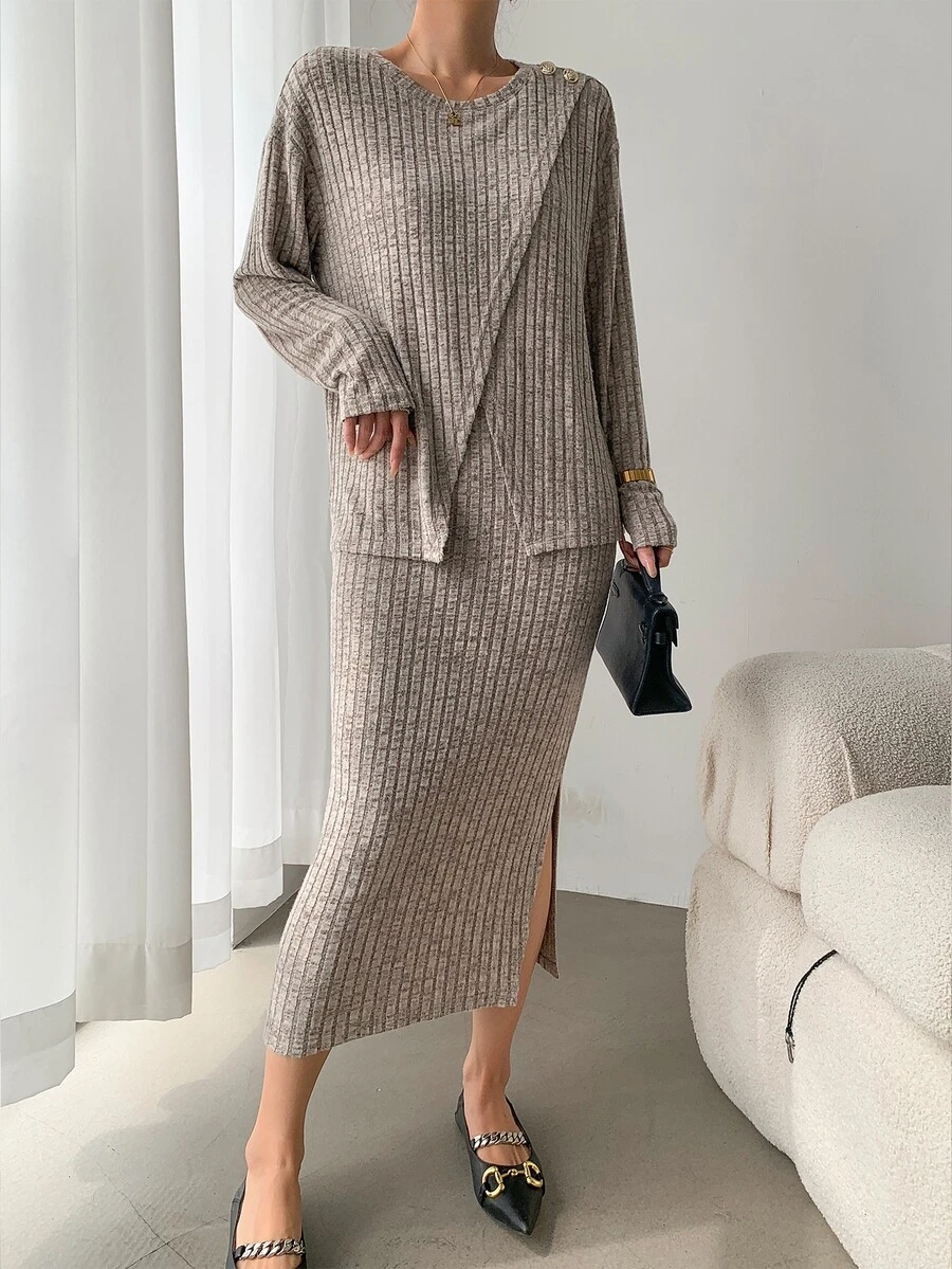SHEIN Clasi 2 件套仿针织毛绒罗纹优雅裙子套装 - 棕色 - 查看 1
