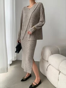 SHEIN Clasi 2 件套仿针织毛绒罗纹优雅裙子套装 - 棕色 - 查看 3