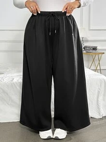 SHEIN CURVE+ Autumn/Winter Black & White Striped Casual Versatile Drawstring Plus Size Pants, 2026 22W Fall - Black - View 8