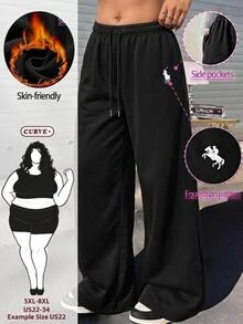SHEIN CURVE+ Autumn/Winter Black & White Striped Casual Versatile Drawstring Plus Size Pants, 2026 22W Fall - Black - View 1