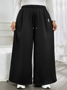 SHEIN CURVE+ Autumn/Winter Black & White Striped Casual Versatile Drawstring Plus Size Pants, 2026 22W Fall - Black - View 3