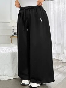 SHEIN CURVE+ Autumn/Winter Black & White Striped Casual Versatile Drawstring Plus Size Pants, 2026 22W Fall - Black - View 5