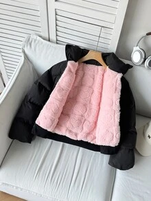 SHEIN 青少年女孩秋冬款簡約舒適時尚寬鬆短版粉色抓絨內裡立領填充外套 - 黑色 - 查看 4