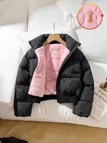 SHEIN 青少年女孩秋冬款簡約舒適時尚寬鬆短版粉色抓絨內裡立領填充外套 - 黑色 - 查看 1
