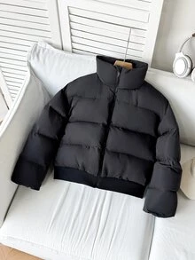 SHEIN 青少年女孩秋冬款簡約舒適時尚寬鬆短版粉色抓絨內裡立領填充外套 - 黑色 - 查看 2