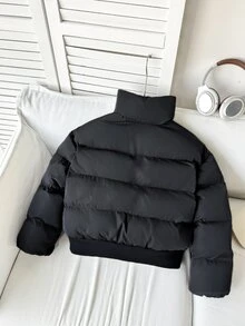 SHEIN 青少年女孩秋冬款簡約舒適時尚寬鬆短版粉色抓絨內裡立領填充外套 - 黑色 - 查看 3